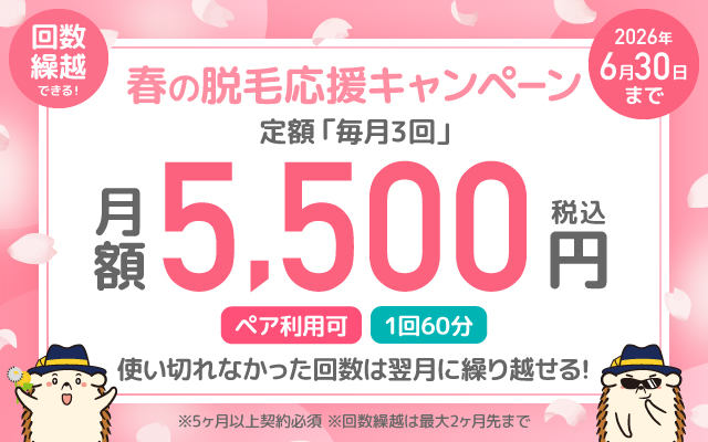 【春の脱毛応援キャンペーン】回数繰越できる！定額「毎月3回」（1回60分）　月額5,500円　※5か月以上契約必須