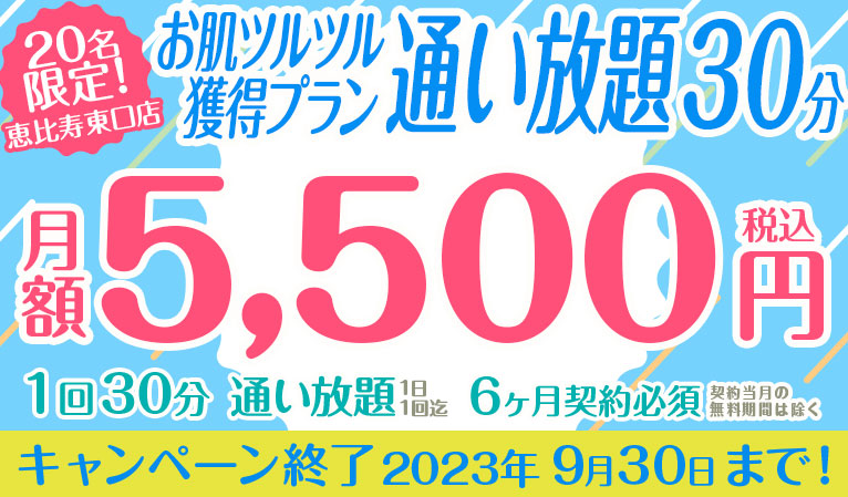 30分通い放題5,500円！お肌ツルツル獲得プラン、20名恵比寿東口店限定！