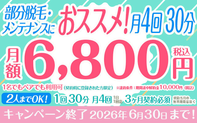 部分脱毛・メンテナンスにおススメ！ 月4回 30分【2人までOK！】