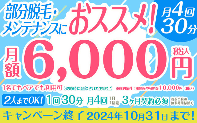 部分脱毛・メンテナンスにおススメ！ 月4回 30分【2人までOK！】　　　　※お1人での利用は必ずご注意事項をお読みください