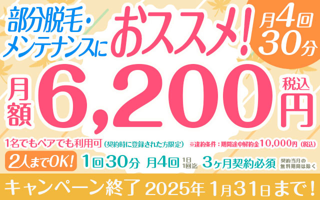 部分脱毛・メンテナンスにおススメ！ 月4回 30分【2人までOK！】※お1人での利用は必ずご注意事項をお読みください