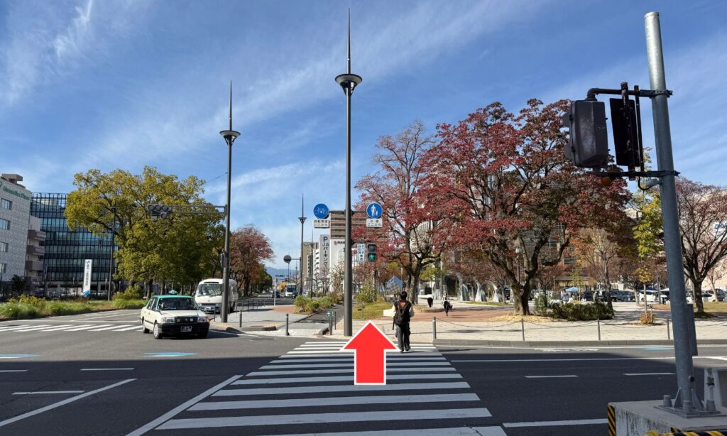 トナリエ前の交差点です。横断歩道をさらにまっすぐ渡ります。